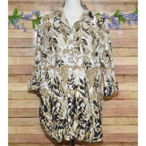 Style & Co. Women's Button Front Blouse Top Plus Size 18W Neutral Leaf Pattern